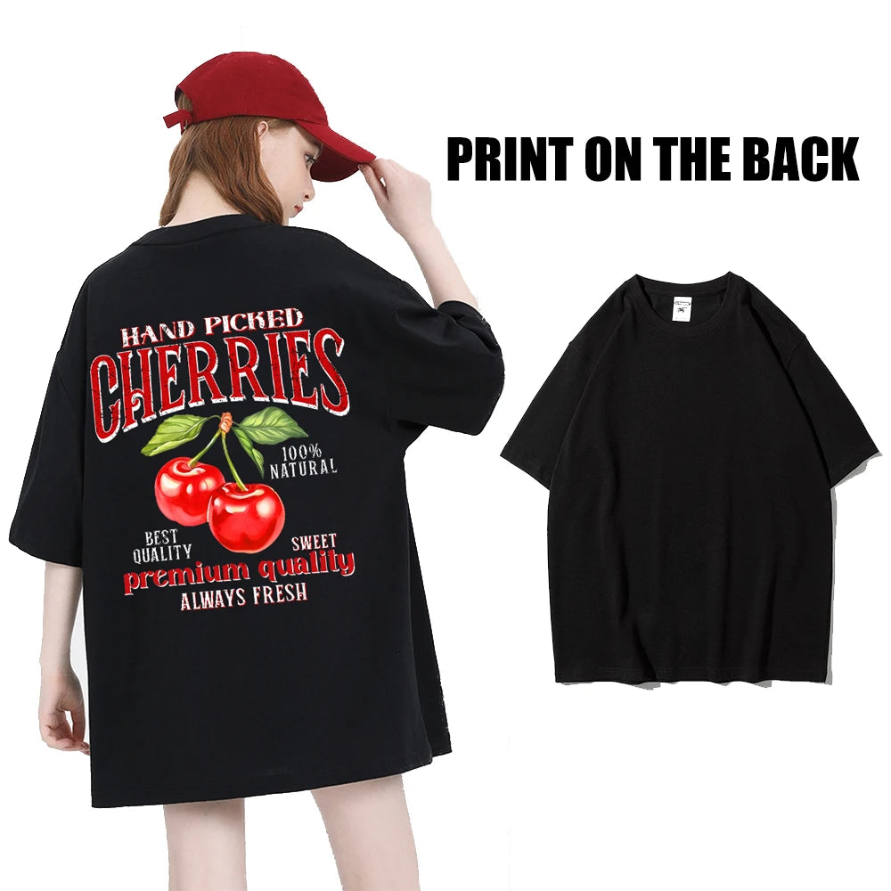 Summer Lemon Cherries Prints T-Shirts Cotton Women's Tops Oversize O-Neck Soft Short Sleeve tees Street Casual Womans Clothes