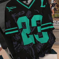 Summer Fashion Butterfly 23 Print TShirt For Women V-Neck Mesh Hole Short Sleeve Sports Football Jersey Y2K Loose Women Clothing