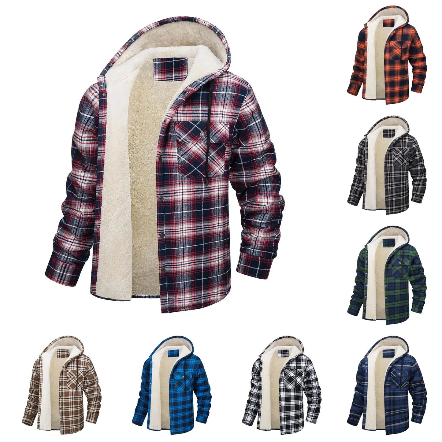 Thick Warm Flannel Hooded Jacket Mens Sherpa Fleece Lined Winter Coats Button Down Fashion Casual Plaid Shirt Jacket With Pocket