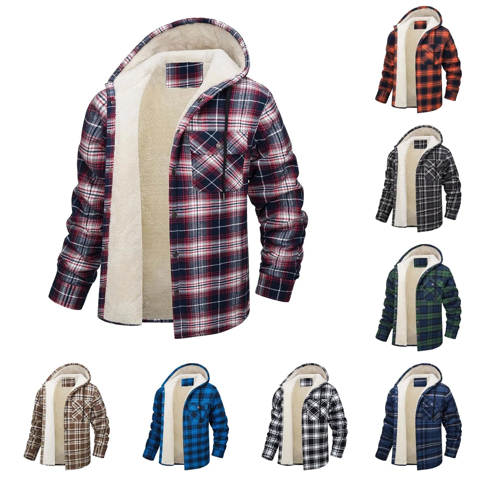 Thick Warm Flannel Hooded Jacket Mens Sherpa Fleece Lined Winter Coats Button Down Fashion Casual Plaid Shirt Jacket With Pocket