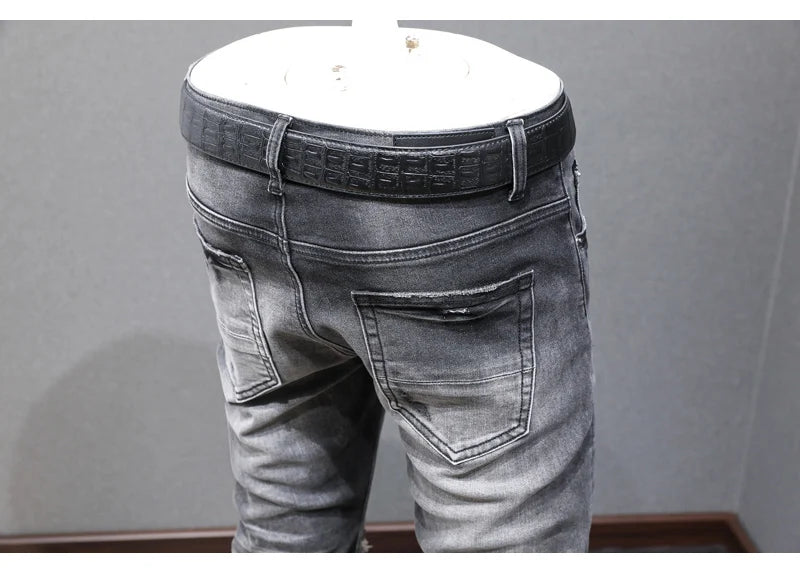 Designer Fashion New High Quality Black Grey Jeans Elastic Slimming Perforated Patch Washed Jeans High Street Hip Hop Brand Pant