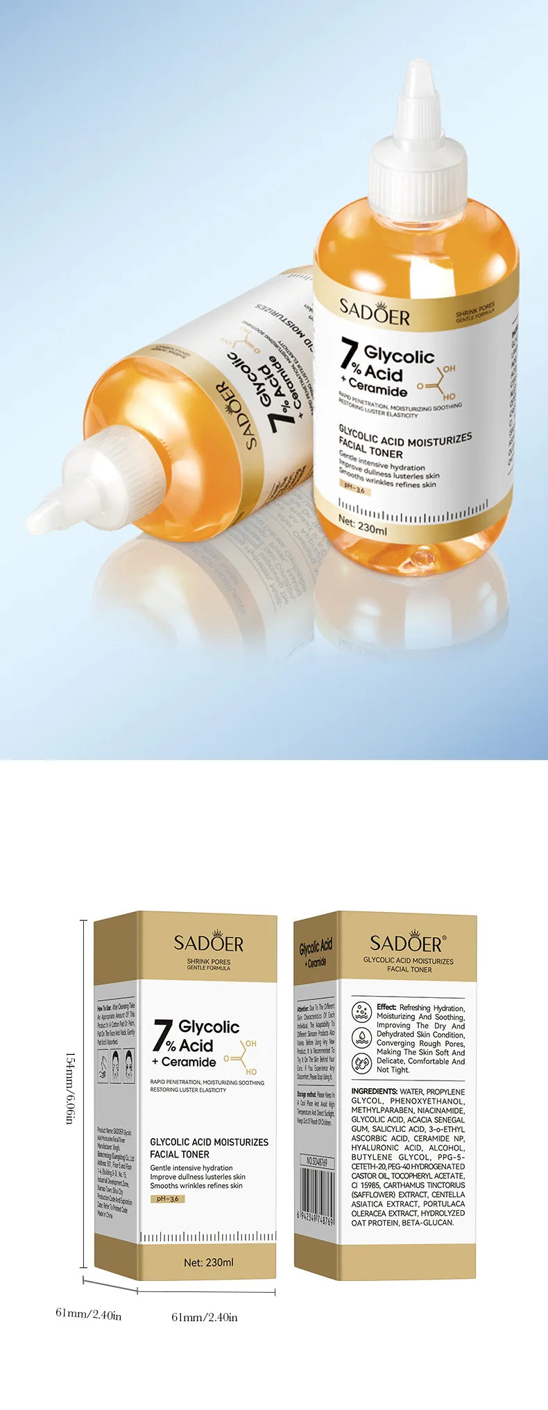 SADOER Glycolic Acid Toner Face Serum Facial Skincare Moisturizing Facial Toner Anti-aging Anti Wrinkles Face Essence Skin Care