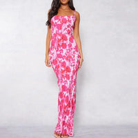 Folds Print Spaghetti Strap Slim Long Dresses Women Fashion Sexy Low Cut Package Hip Bodycon Party Dress Trendy Streetwear New