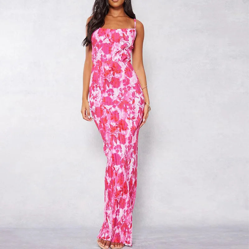 Folds Print Spaghetti Strap Slim Long Dresses Women Fashion Sexy Low Cut Package Hip Bodycon Party Dress Trendy Streetwear New