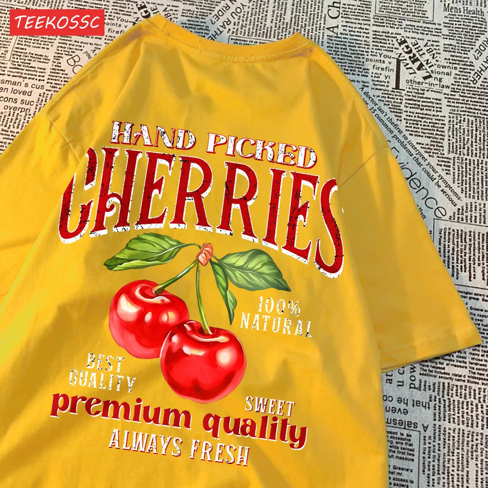 Summer Lemon Cherries Prints T-Shirts Cotton Women's Tops Oversize O-Neck Soft Short Sleeve tees Street Casual Womans Clothes