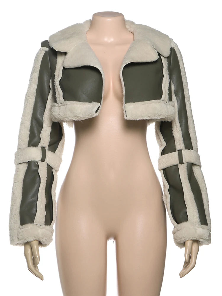 Weird Puss Furry Patchwork Women Crop Jacket Hipster Full Sleeve Open Stitch Hipster Streetwear Warm Outwear Basic Wild Coat