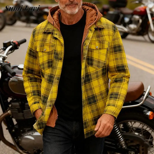 Autumn Winter Coats Mens Warm Thickened Hooded Coat Jacket Men Streetwear Vintage Plaid Jackets Casual Patchwork Men Outerwear