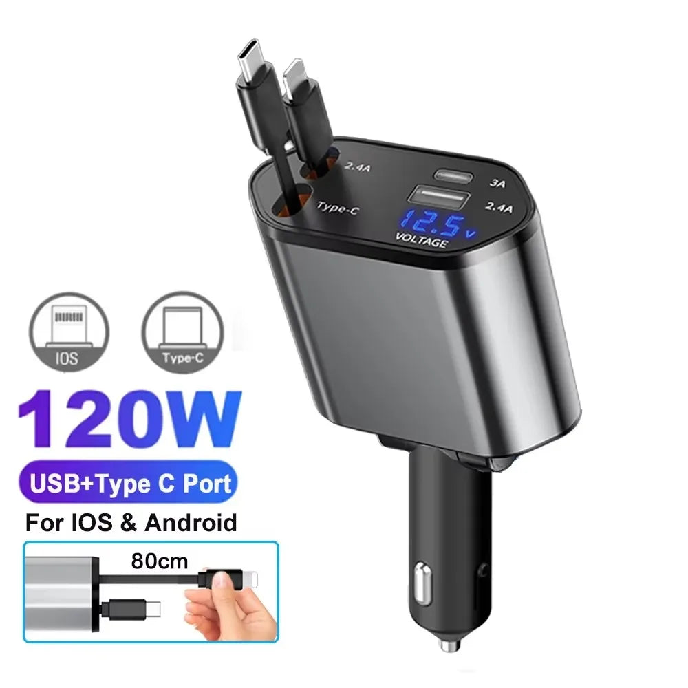 5-in-1 180W Car Fast Charger USB Type-C Power Adapter Retractable Phone Charger With Roof Starlight For IOS Android Phones