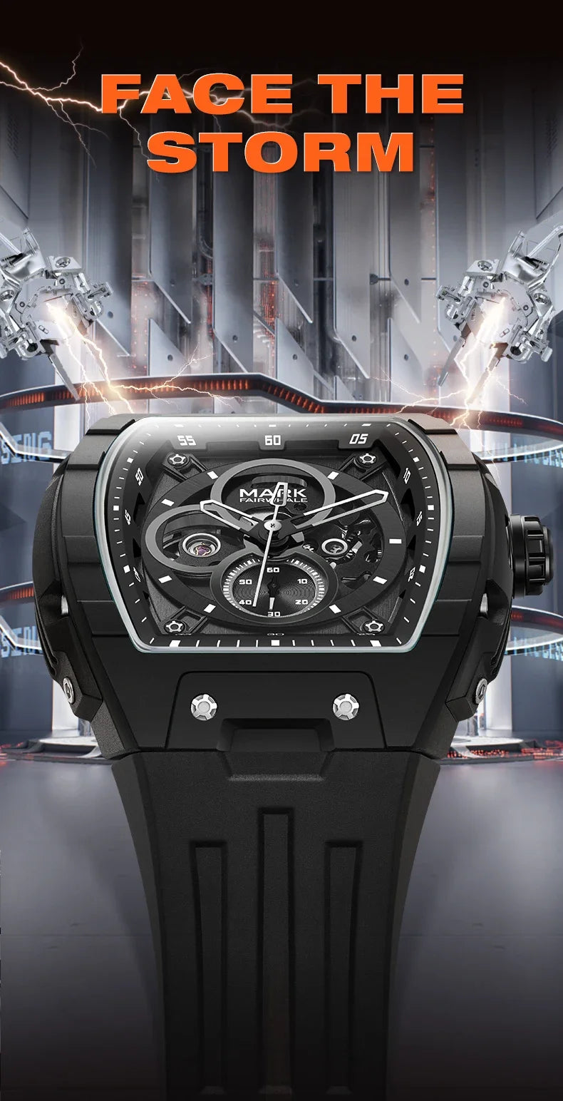 Mark Fairwhale 6014 Brand Rubber Strap Waterproof Luminous Men's Automatic Mechanical Watch Barrel Shape Watches for Men