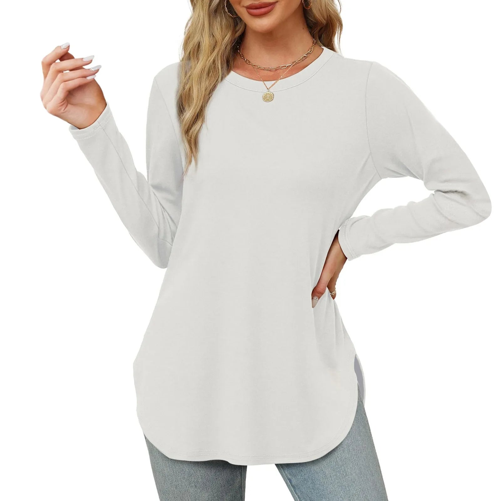 Traf 2024 Mujer Womens Long Sleeve Round Neck Shirts Side Split Basic Loose Tunic Tops Casual Shirts Ropa De Mujer Fashion