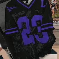 Summer Fashion Butterfly 23 Print TShirt For Women V-Neck Mesh Hole Short Sleeve Sports Football Jersey Y2K Loose Women Clothing