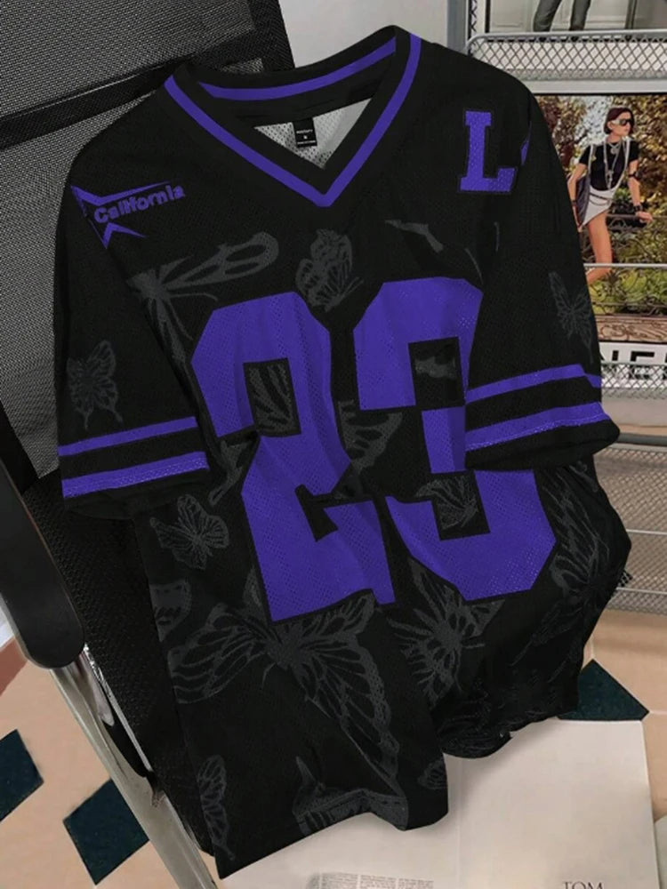 Summer Fashion Butterfly 23 Print TShirt For Women V-Neck Mesh Hole Short Sleeve Sports Football Jersey Y2K Loose Women Clothing
