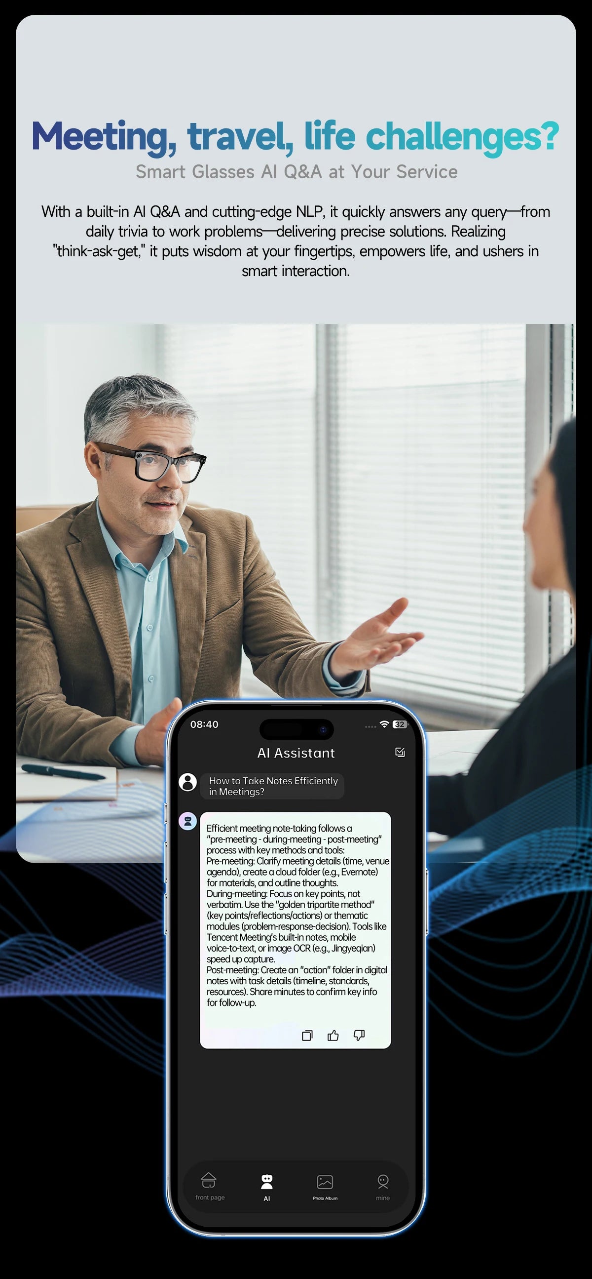 Smart Glasses HD Recording Videos AI Photo Recognition Answer Translation 290mAh Large Battery IP67 Waterproof Bluetooth Glasses