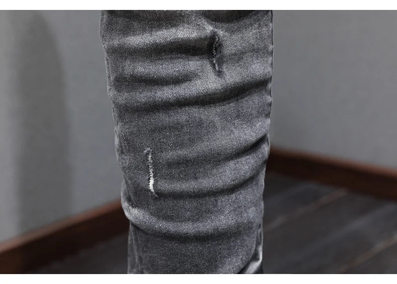 Designer Fashion New High Quality Black Grey Jeans Elastic Slimming Perforated Patch Washed Jeans High Street Hip Hop Brand Pant