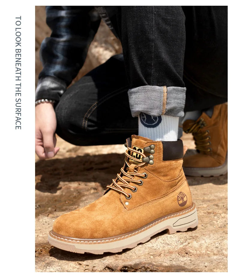 Autumn Winter Velvet Platform Boots for Men Designer Soft-soled Cow Suede Work Shoes Man Fashion Non-slip Yellow Ankle Boot Male