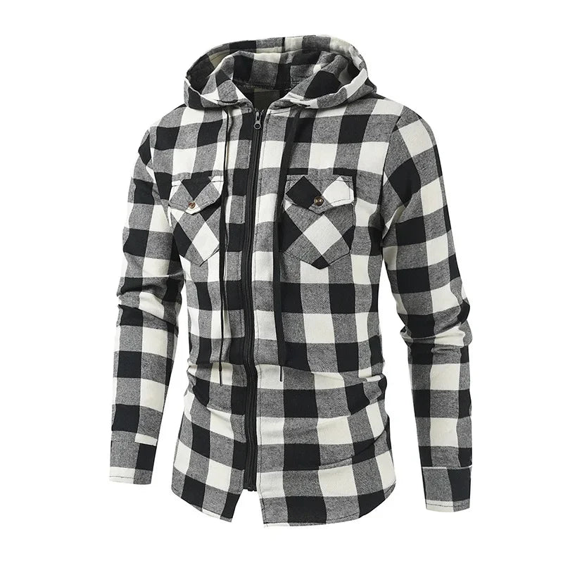 Men's New Plaid Hooded Sweater Long Sleeve Casual Thin Jacket Stand Hooded Shirt European Style Fashionable Outwear