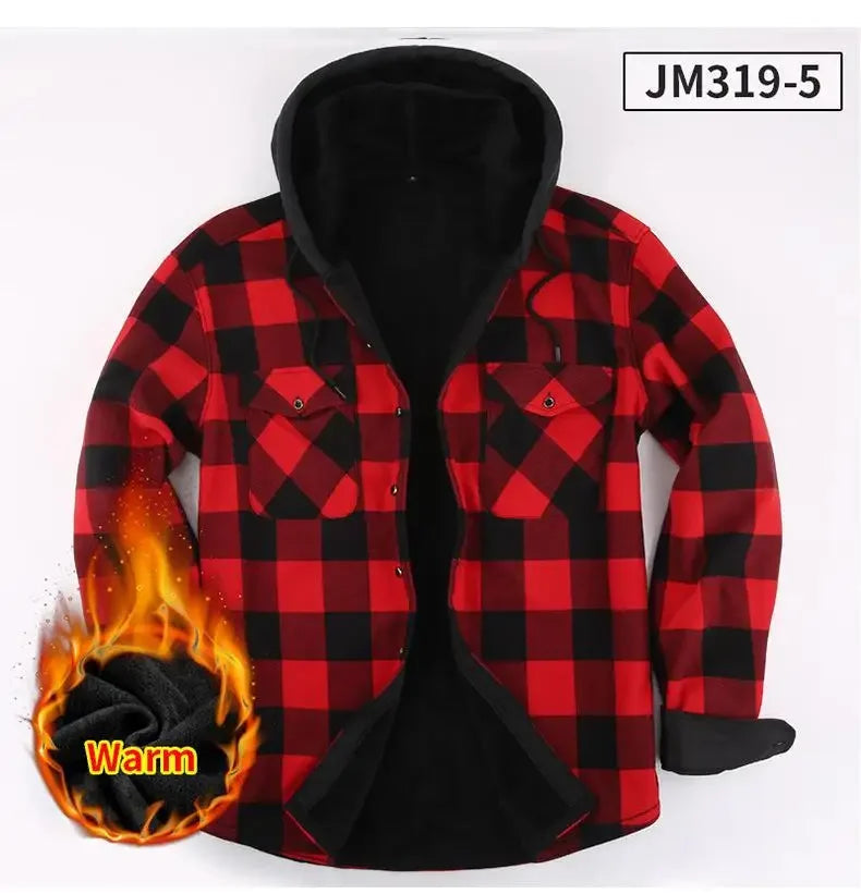 Plus Size Men's Hooded Plaid Shirt Warm Fleece Lined And Thickened Top Long Sleeve Outerwear For Autumn/Winter