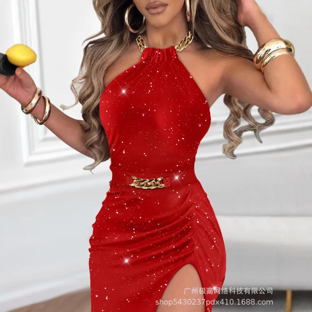 Women Spring Summer Glitter Lurex Halter High Slit Slim Fit Metal Chain Mid-Calf Bodycon Party Dress Sexy