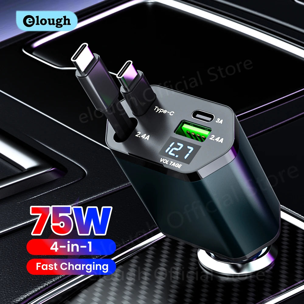 Elough 4 IN 1 Retractable Car Charger Fast Charging USB C To USB C ios Cable Charger USB Type C Car Adapter For iPhone Huawei