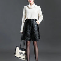 ZUZK  Warm Black PU Leather Thick Bermuda Shorts For Women Winter  Knee Length Shorts Motorcycle Punk High Waist Bermuda Femme