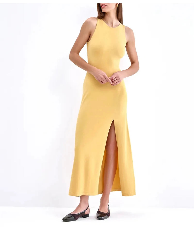 Knit Sleeveless Dresses For Women Long Elegant White High Slit Dress Bodycon Ladies Office Skinny Maxi Tank Rib Dress Female