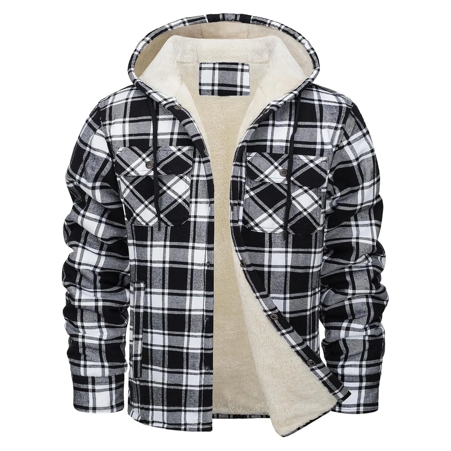 Thick Warm Flannel Hooded Jacket Mens Sherpa Fleece Lined Winter Coats Button Down Fashion Casual Plaid Shirt Jacket With Pocket