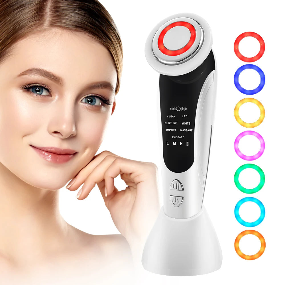 7 in 1 EMS Facial Massager with LED Light Vibration Hot Compress Skin Care Face Beauty Instrument Lifting Device Skincare