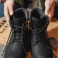 Maden Men's Versatile Black Boots Plush Lining Warmth Shoes Retro Non-Slip Thick Sole Work Boots Outdoor Casual Mid-Calf Boots