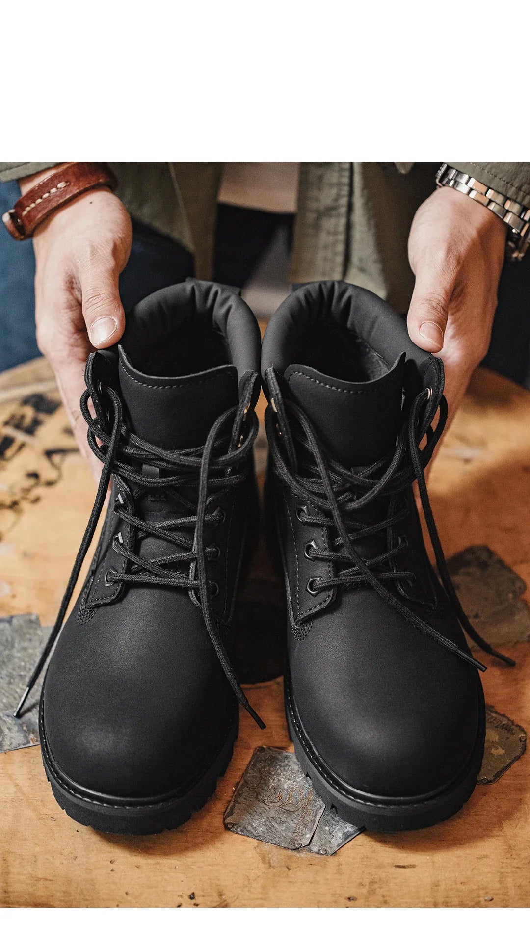 Maden Men's Versatile Black Boots Plush Lining Warmth Shoes Retro Non-Slip Thick Sole Work Boots Outdoor Casual Mid-Calf Boots