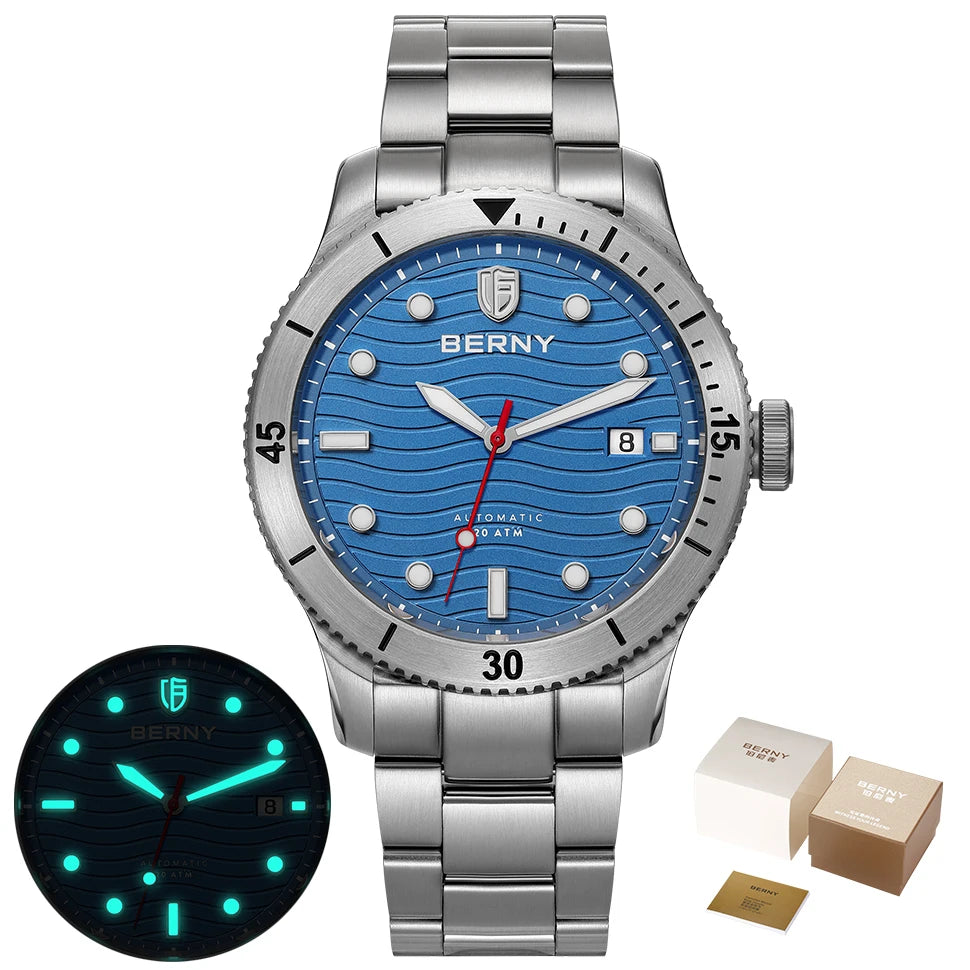 BERNY Top Automatic Diver Watch for Men PT5000 Movement 20ATM Waterproof Luminous Sapphire Lens Sport Swimming Diving Watch Men