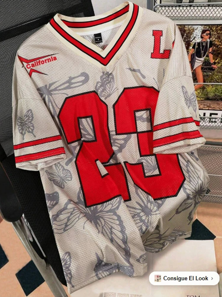 Summer Fashion Butterfly 23 Print TShirt For Women V-Neck Mesh Hole Short Sleeve Sports Football Jersey Y2K Loose Women Clothing