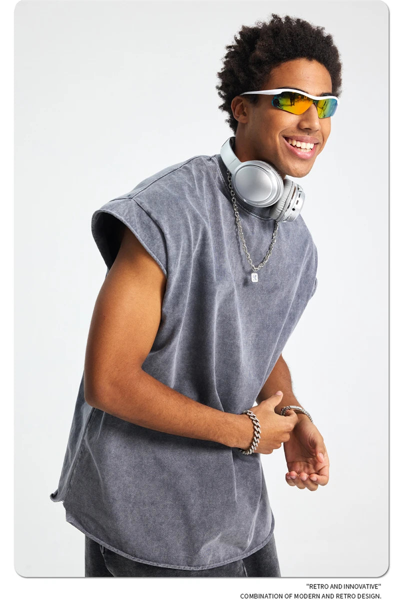 ZODF Trendy Summer Men Batik Washed 275gsm Cotton Tank Tops Unisex Oversized Loose Edge Sleeveless Vests Brand Tees HY1036