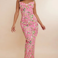 Folds Print Spaghetti Strap Slim Long Dresses Women Fashion Sexy Low Cut Package Hip Bodycon Party Dress Trendy Streetwear New