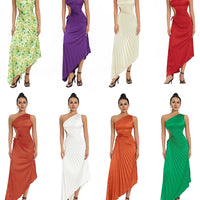 Women Elegant Long Dress Summer Sleeveless One-shoulder Pleated Hollowed Irregular Dress for Cocktail Party Beach Sundress Y2K