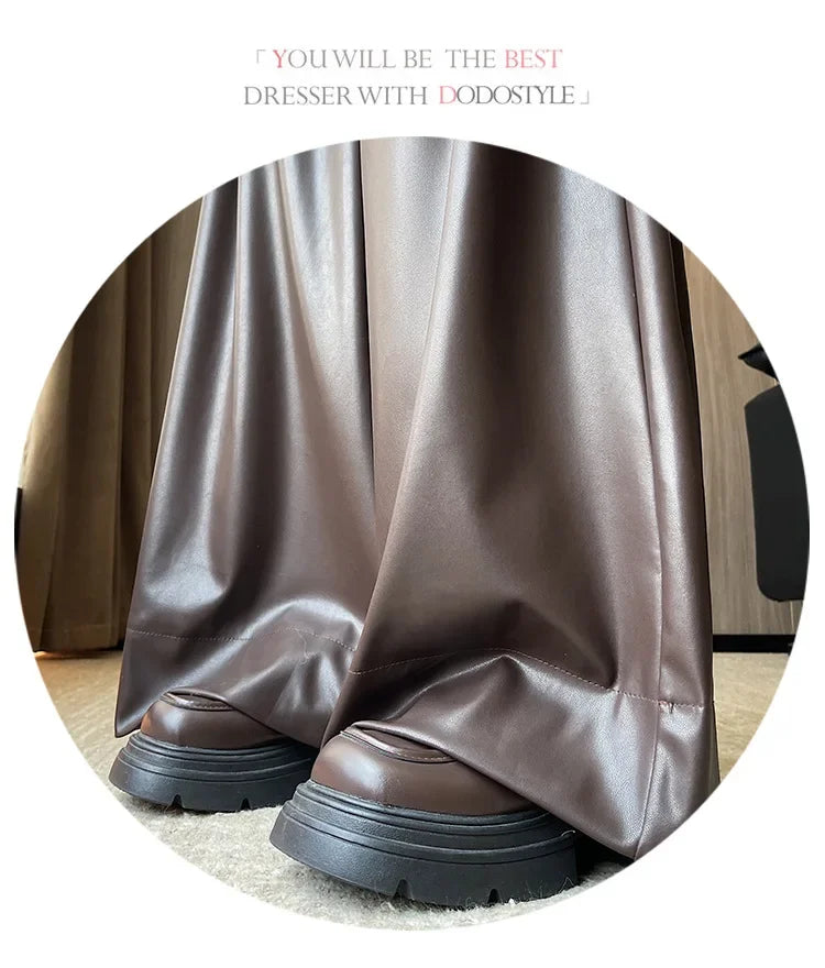 High Waist Wide Leg PU Leather Pants Women's Suit Casual Floor Length Trousers Autumn Winter New Style Loose Fit Long Pants