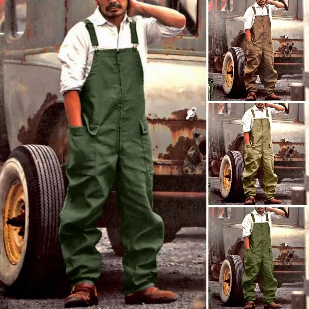 Men Denim Jumpsuit Casual Retro Style Loose Fit Overalls With Large Pockets Thick Fabric Cargo Plus Size Streetwear Jumpsuit
