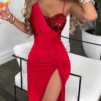 Women Spring Summer Glitter Lurex Halter High Slit Slim Fit Metal Chain Mid-Calf Bodycon Party Dress Sexy