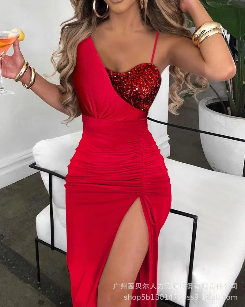 Women Spring Summer Glitter Lurex Halter High Slit Slim Fit Metal Chain Mid-Calf Bodycon Party Dress Sexy