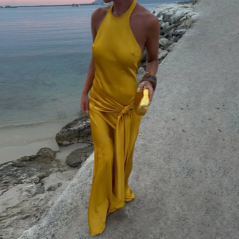 2025 Women Sexy Backless Solid Beach Dress Fashion Lace-Up Waist Slim Satin Long Dress Elegant Round Neck Sleeveless Party Dress