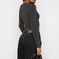 Womens V Neck Button Down Henley T Shirts Y2K Slim Fit Long Sleeve Crop Tops Basic Casual Going Out Tee Shirts