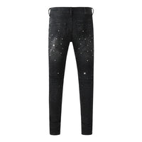 Black Men's American High Street Distressed Rhinestones Patterns Skinny Ripped Button Fly Jeans Pants