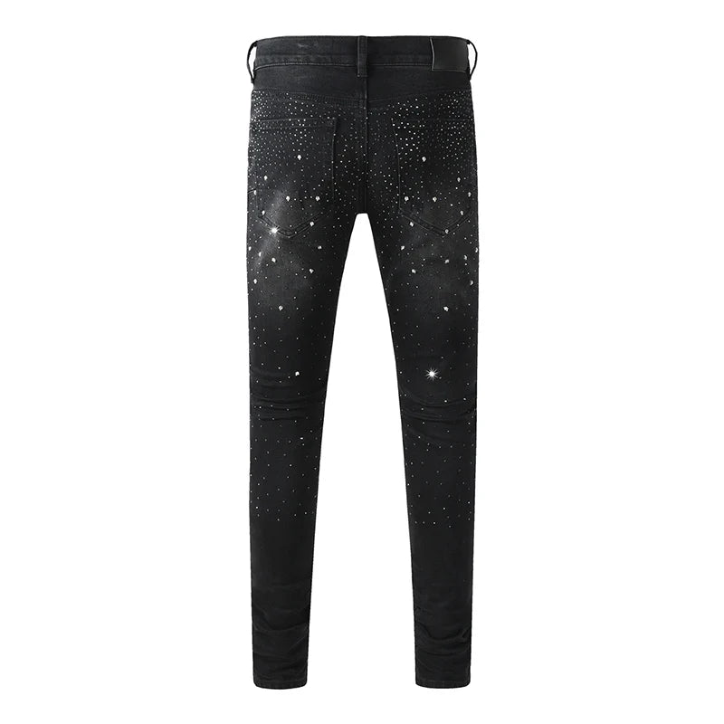 Black Men's American High Street Distressed Rhinestones Patterns Skinny Ripped Button Fly Jeans Pants