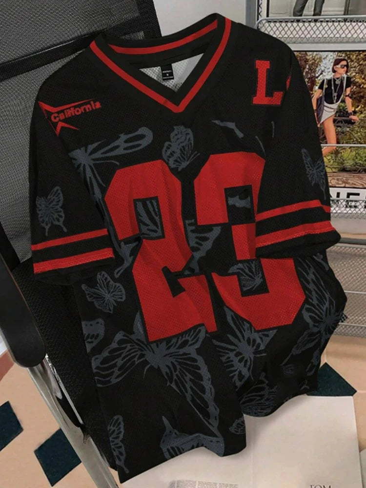 Summer Fashion Butterfly 23 Print TShirt For Women V-Neck Mesh Hole Short Sleeve Sports Football Jersey Y2K Loose Women Clothing