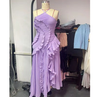 Chic Elegant Lotus Edge Maxi Dress Slim Fit Backless Lace Up Halter Robes Sleeveless Party Vestidos 2025 Nw Lady Vacation Gowns