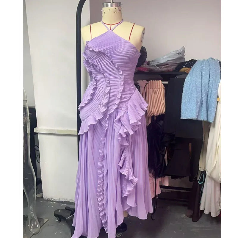 Chic Elegant Lotus Edge Maxi Dress Slim Fit Backless Lace Up Halter Robes Sleeveless Party Vestidos 2025 Nw Lady Vacation Gowns