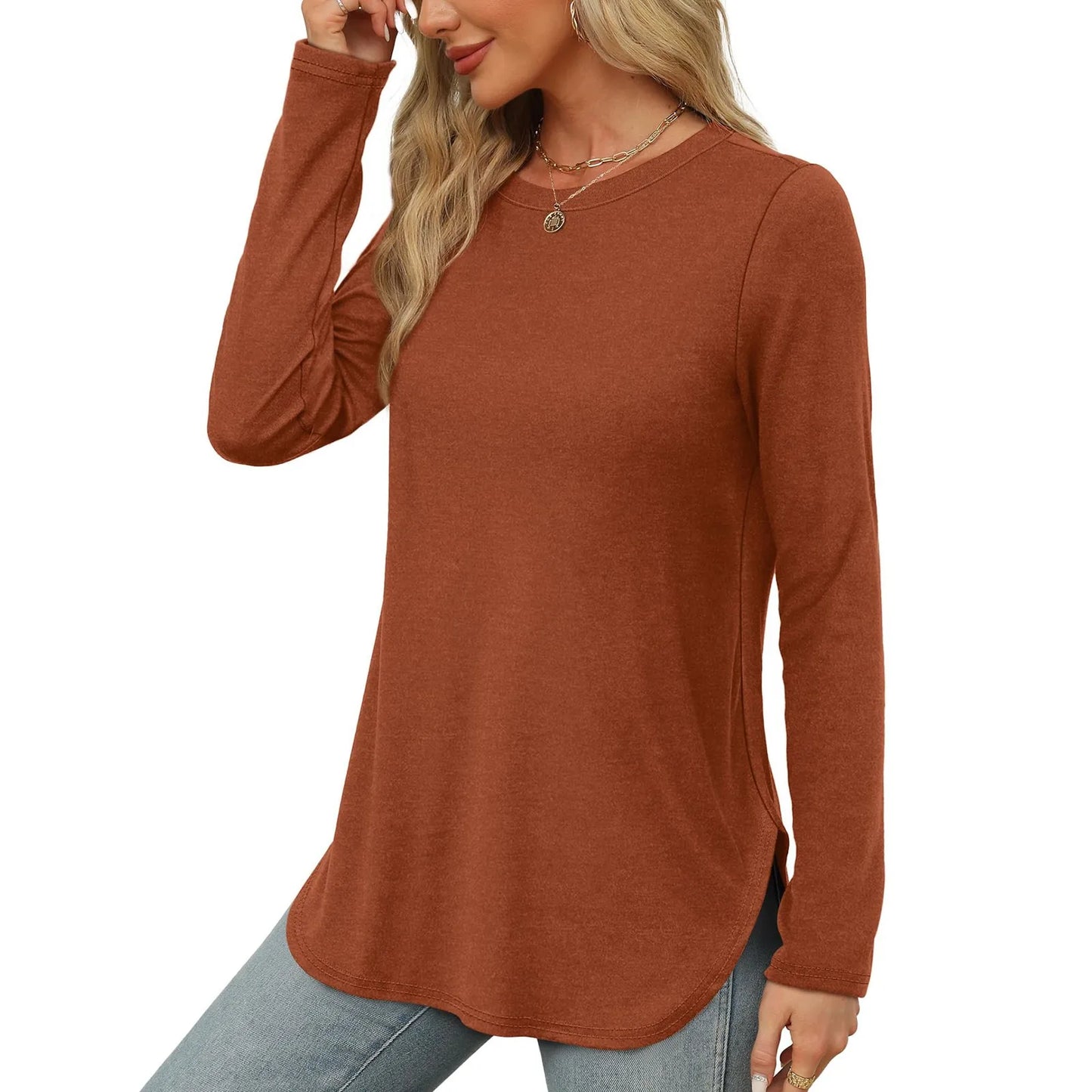 Traf 2024 Mujer Womens Long Sleeve Round Neck Shirts Side Split Basic Loose Tunic Tops Casual Shirts Ropa De Mujer Fashion
