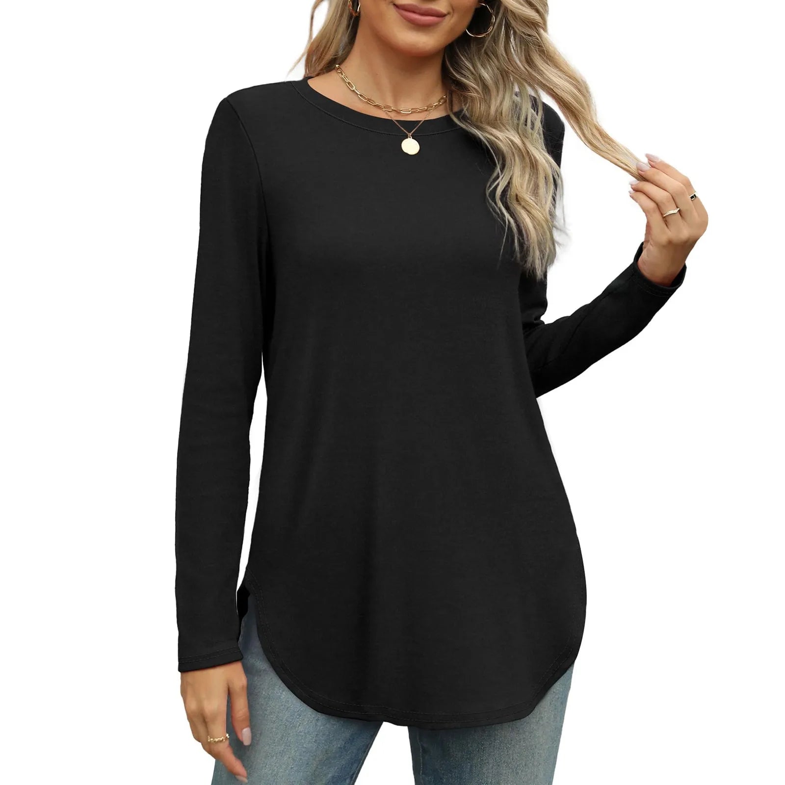 Traf 2024 Mujer Womens Long Sleeve Round Neck Shirts Side Split Basic Loose Tunic Tops Casual Shirts Ropa De Mujer Fashion