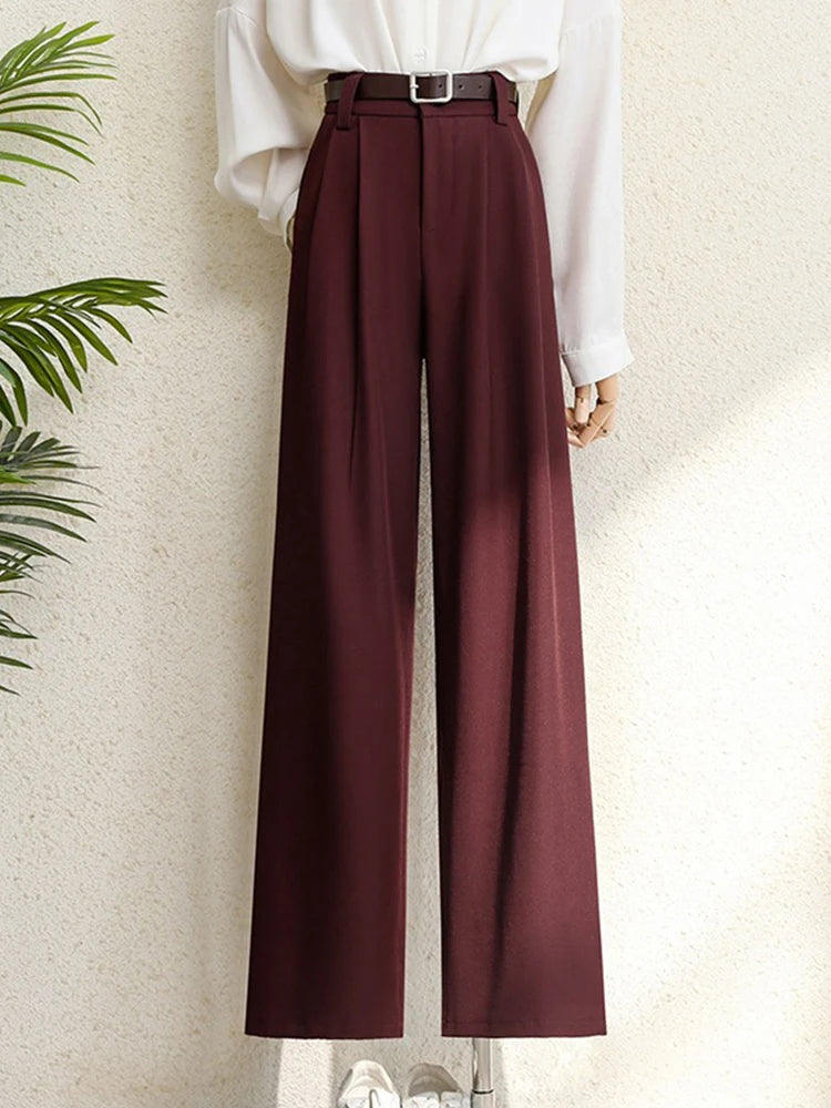 2025 New Burgundy Suits Pants for Women Office Lady Elegant High Waist Wide Leg Fashion Trousers with Pockets Black Gray