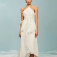 Elegant Purple Halter A Line Prom Gowns Ruffles Tiered Backless Party Gown Summer Vacation Chiffon Long Evening Dress