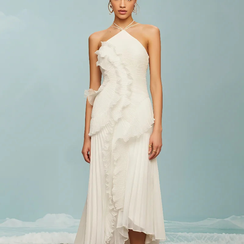 Elegant Purple Halter A Line Prom Gowns Ruffles Tiered Backless Party Gown Summer Vacation Chiffon Long Evening Dress